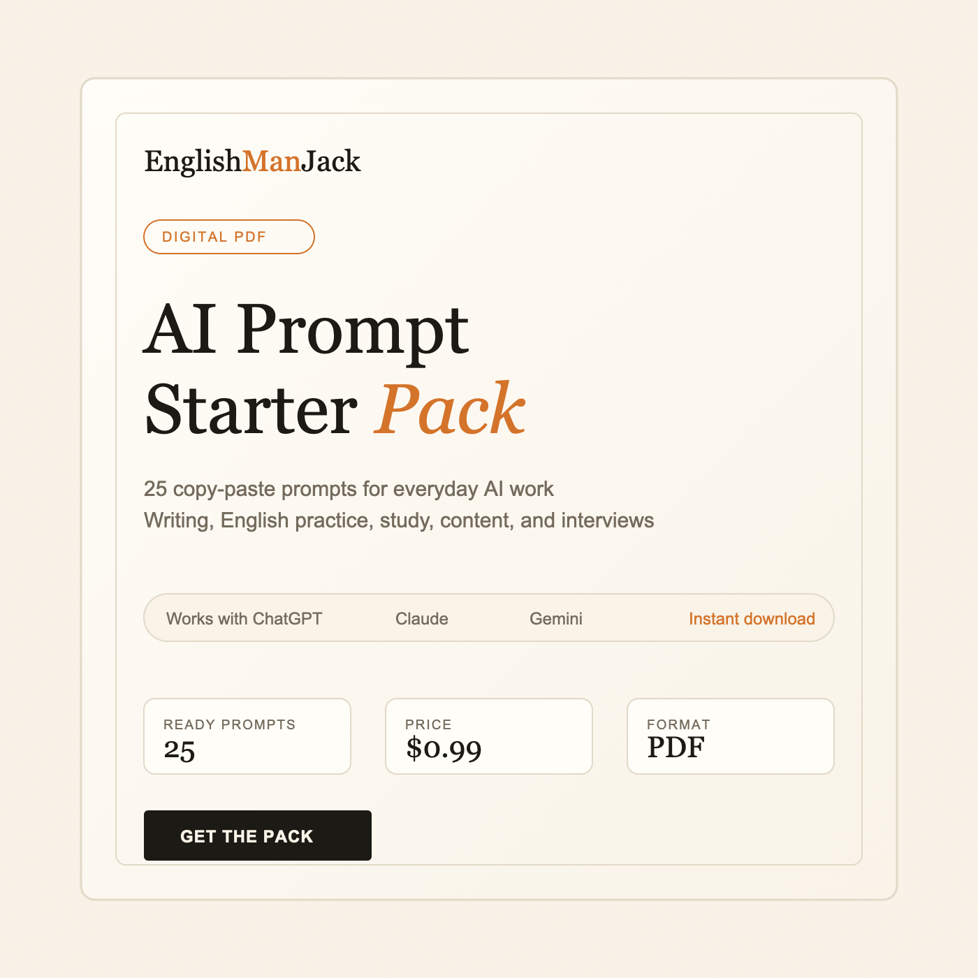 AI Prompt Starter Pack digital PDF cover with 25 copy-paste prompts for everyday AI work